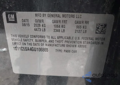 2016 Chevrolet Malibu Limited Lt из США, поврежденный, VIN 1G11C5SA4GU106865